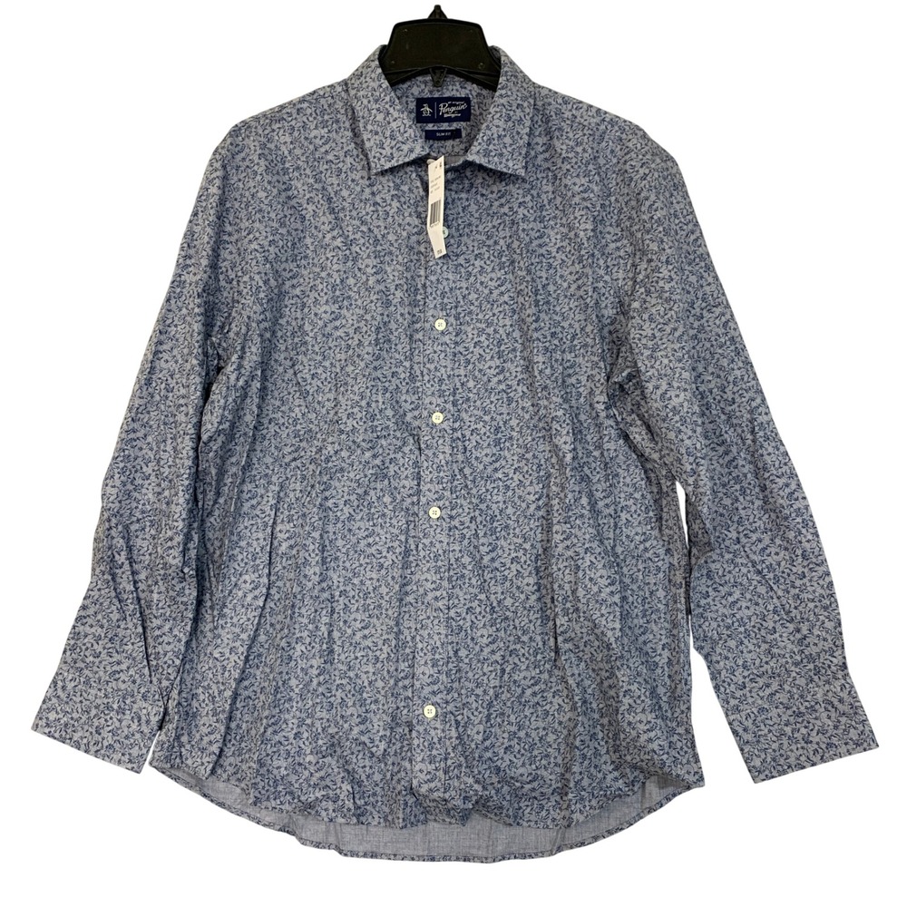 NWT Original Penguin Button up Shirt Men's 16.5 Blue Floral Slim Fit